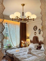 Astrid Bloom Mid-Century Modern Wood & Brass Chandelier with Glass Shades