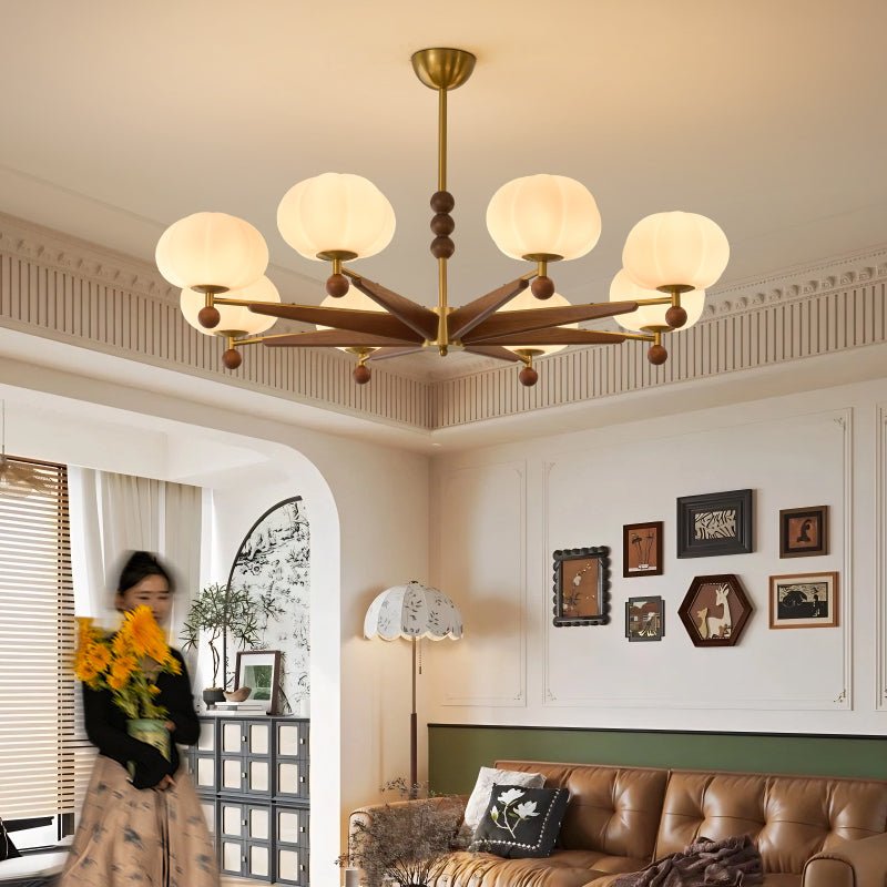 Astrid Bloom Mid-Century Modern Wood & Brass Chandelier with Glass Shades
