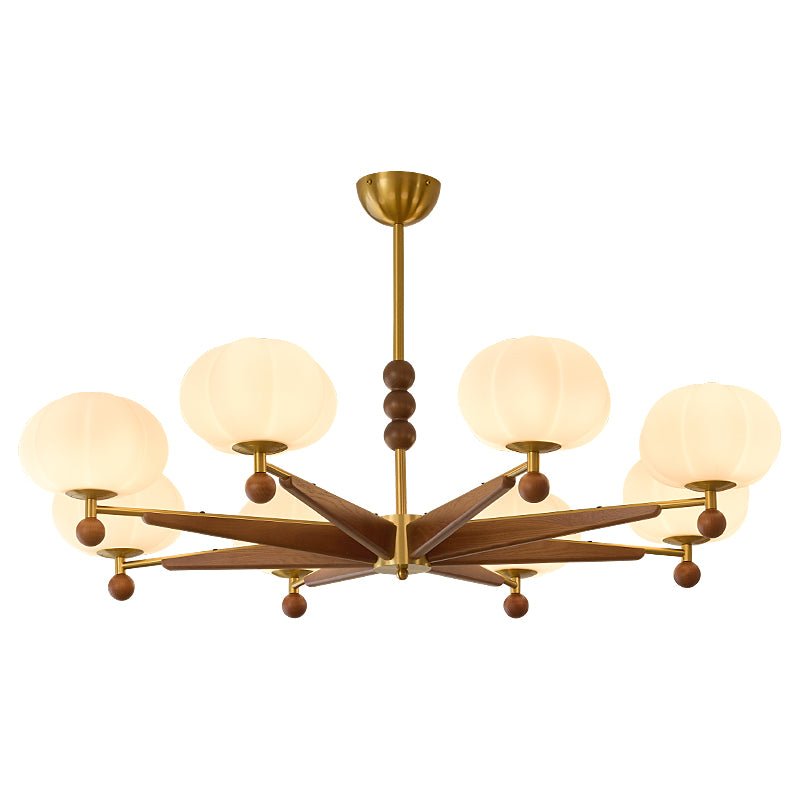 Astrid Bloom Mid-Century Modern Wood & Brass Chandelier with Glass Shades