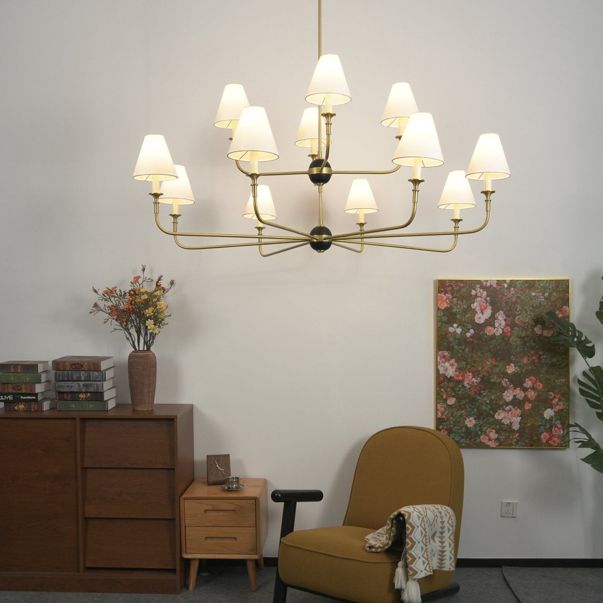 Astris Brass Chandelier – Modern Luxury Ceiling Light with White Fabric Shades