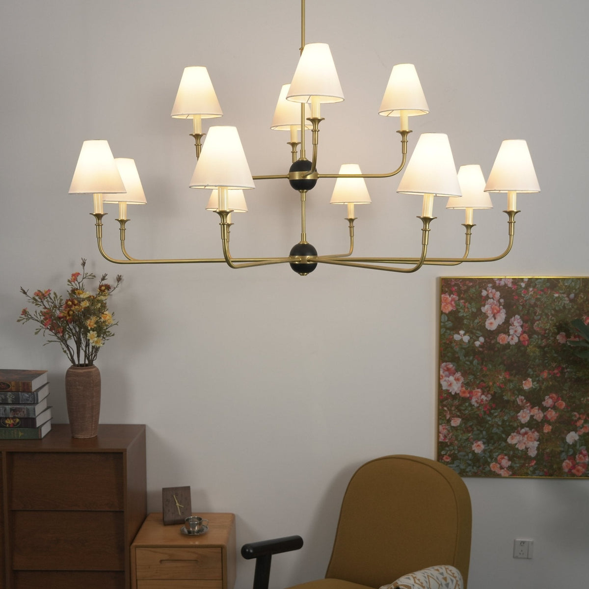 Astris Brass Chandelier – Modern Luxury Ceiling Light with White Fabric Shades