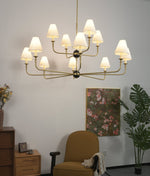 Astris Brass Chandelier – Modern Luxury Ceiling Light with White Fabric Shades