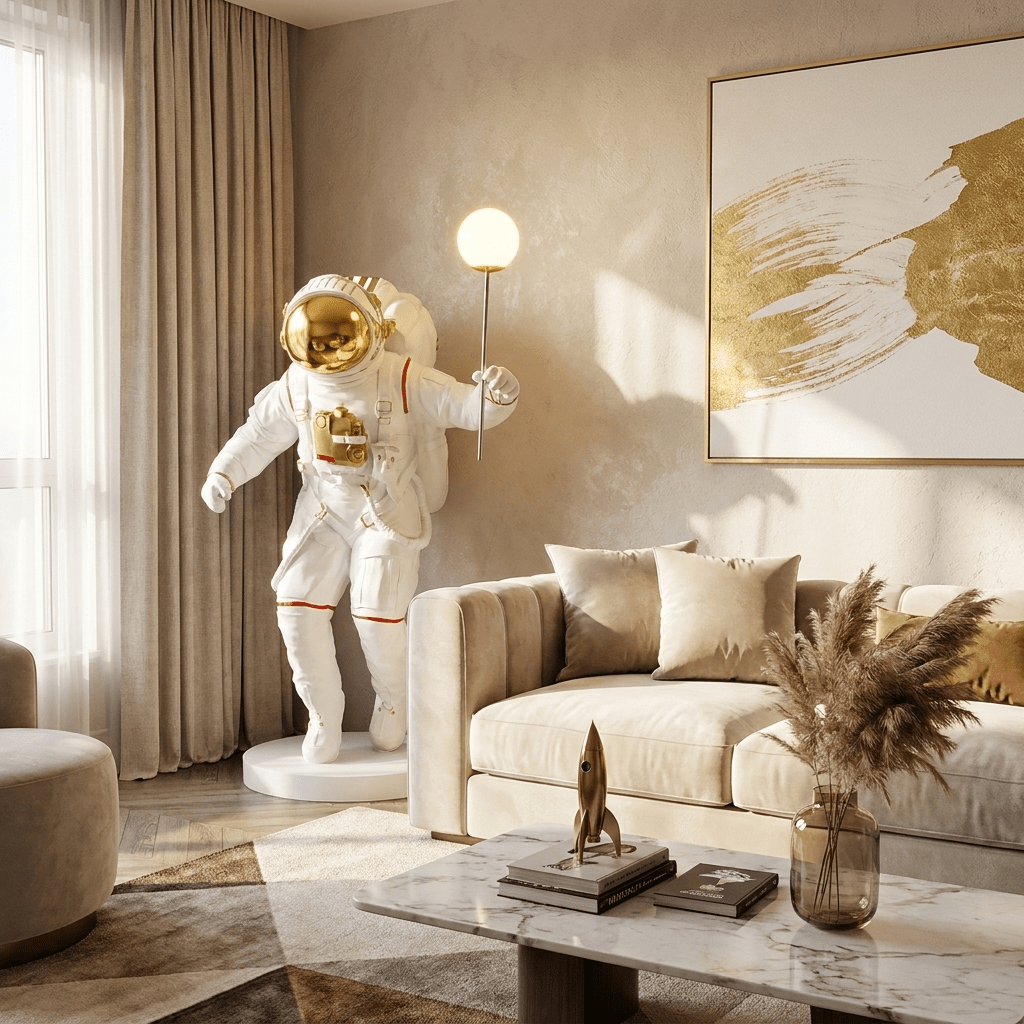 Astronaut Sculpture Floor Lamp with Glowing Orb for Modern Interiors