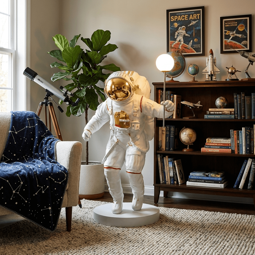 Astronaut Sculpture Floor Lamp with Glowing Orb for Modern Interiors
