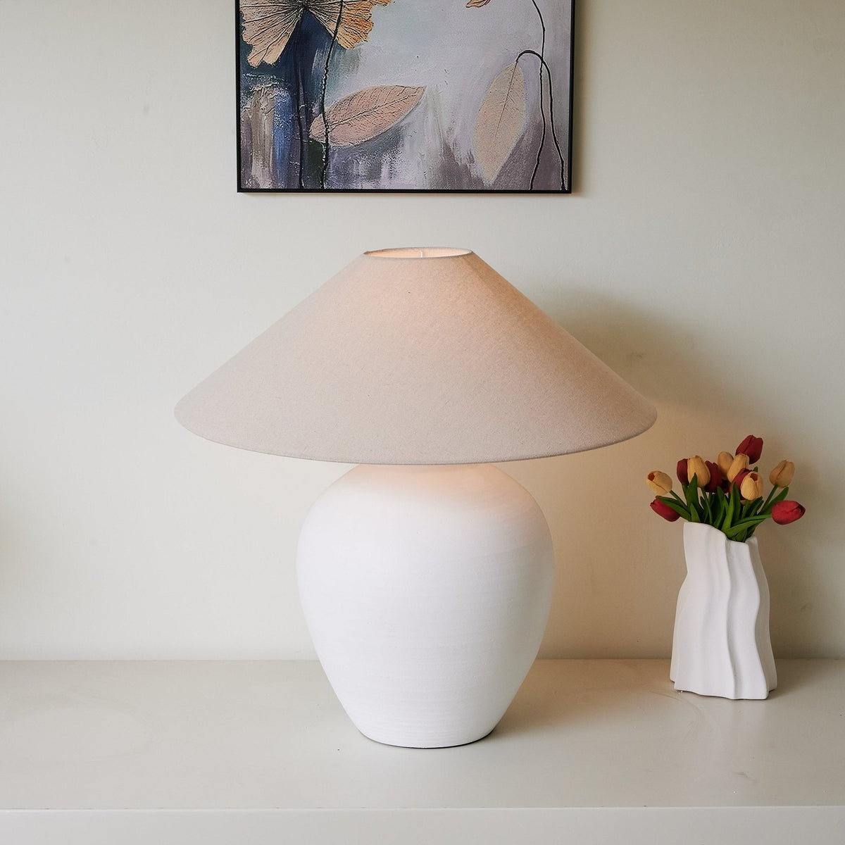 Aterra Ceramic Table Lamp – Minimalist White & Linen Designer Lamp