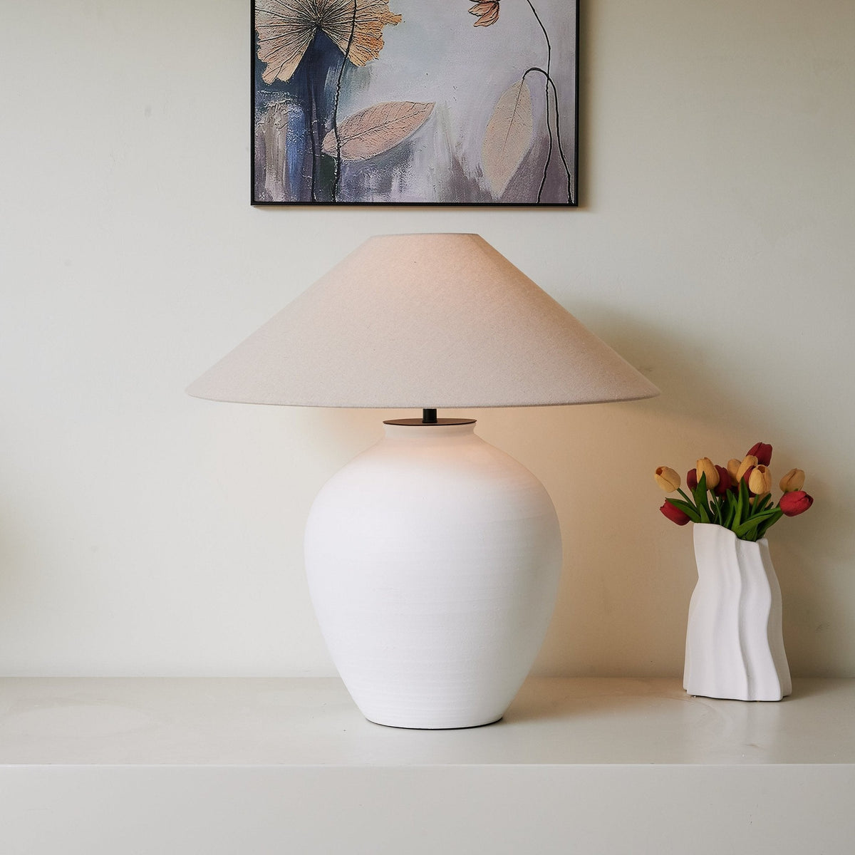 Aterra Ceramic Table Lamp – Minimalist White & Linen Designer Lamp