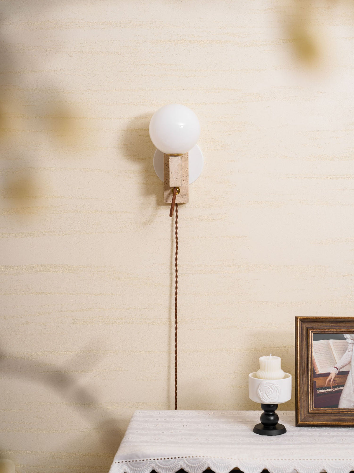 Atlas Globe Wall Sconce in Travertine and Opal Glass