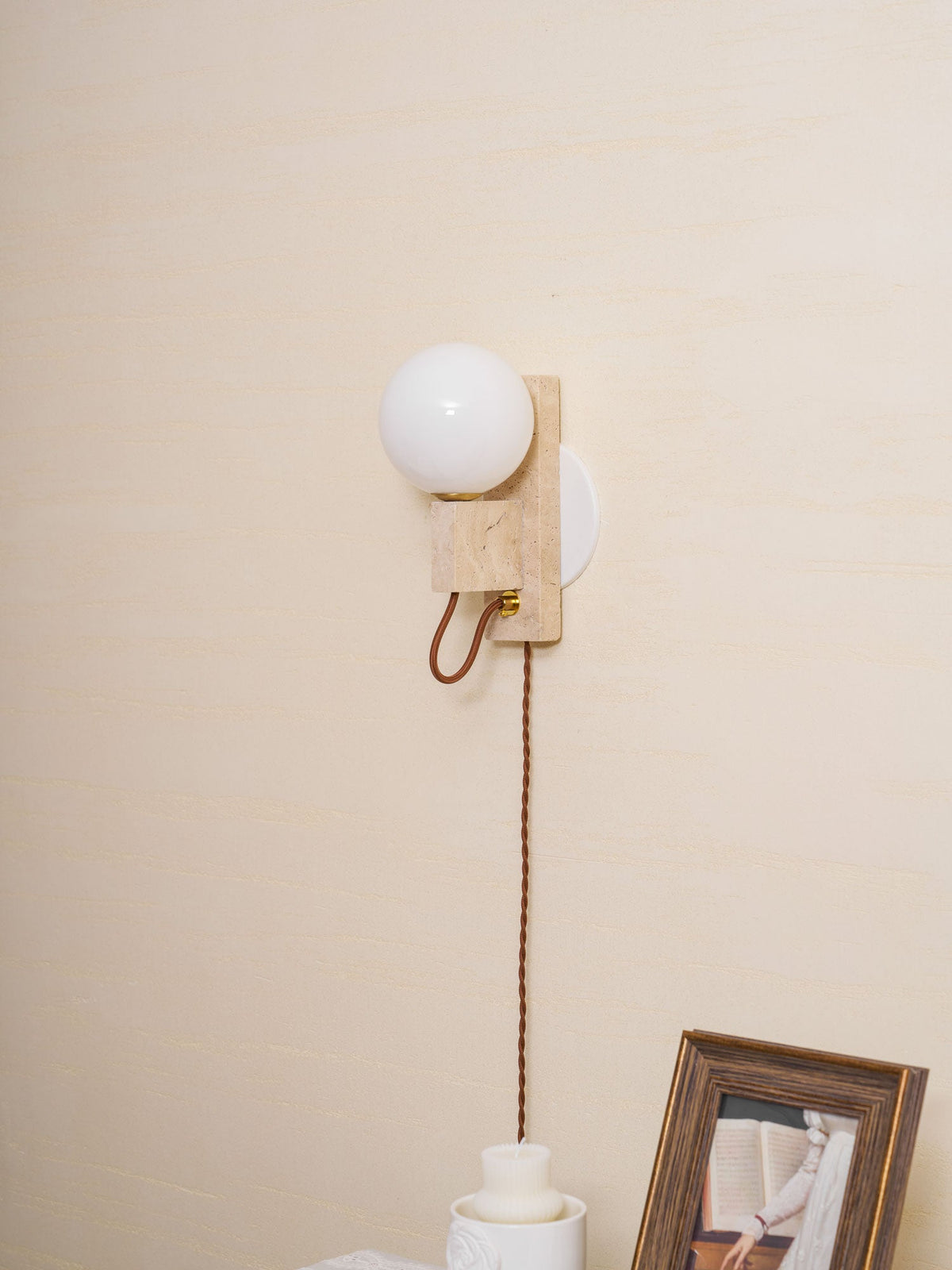 Atlas Globe Wall Sconce in Travertine and Opal Glass
