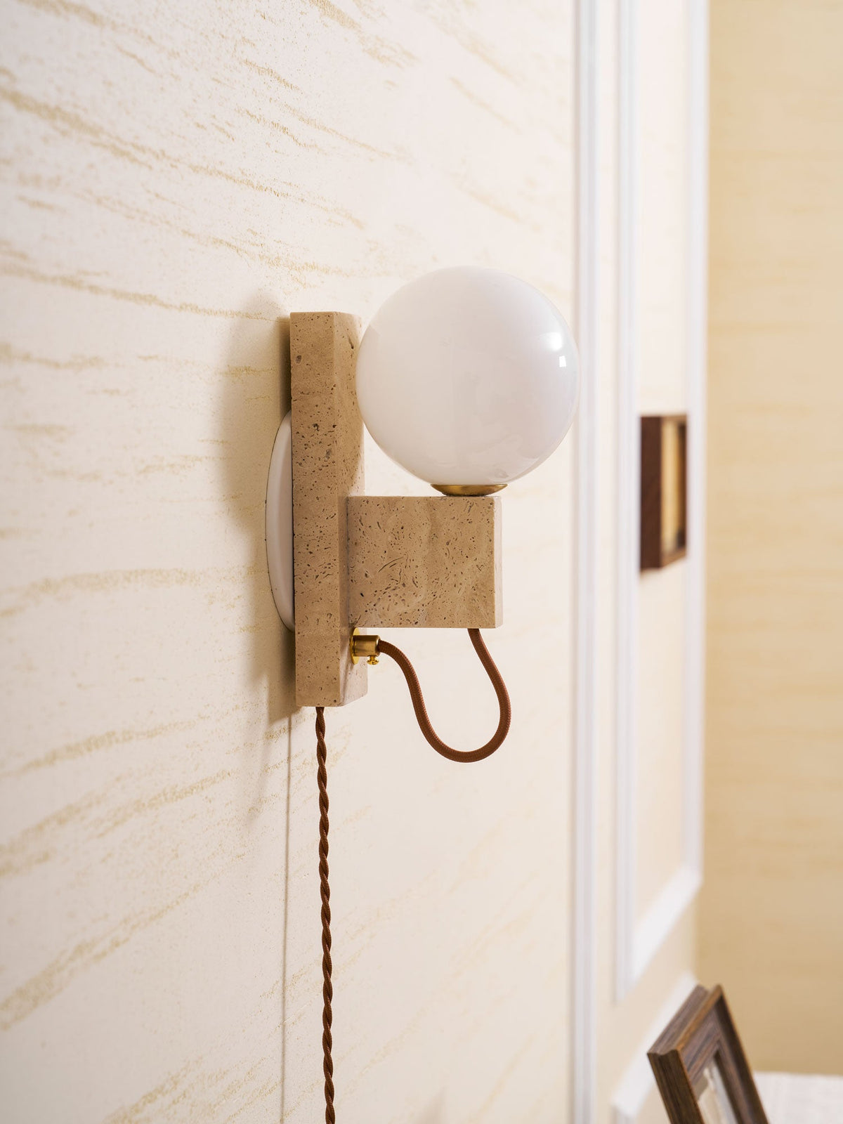 Atlas Globe Wall Sconce in Travertine and Opal Glass