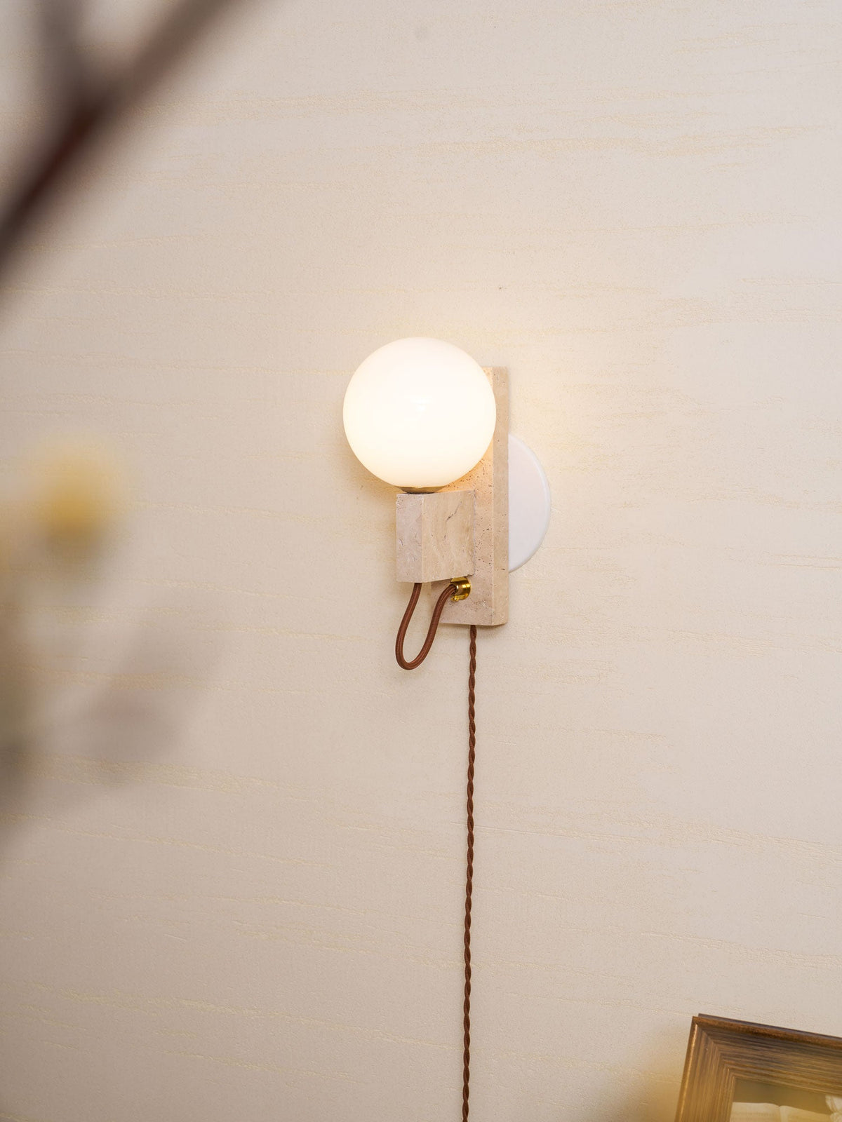 Atlas Globe Wall Sconce in Travertine and Opal Glass