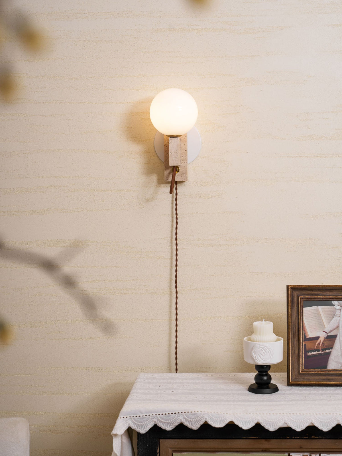 Atlas Globe Wall Sconce in Travertine and Opal Glass