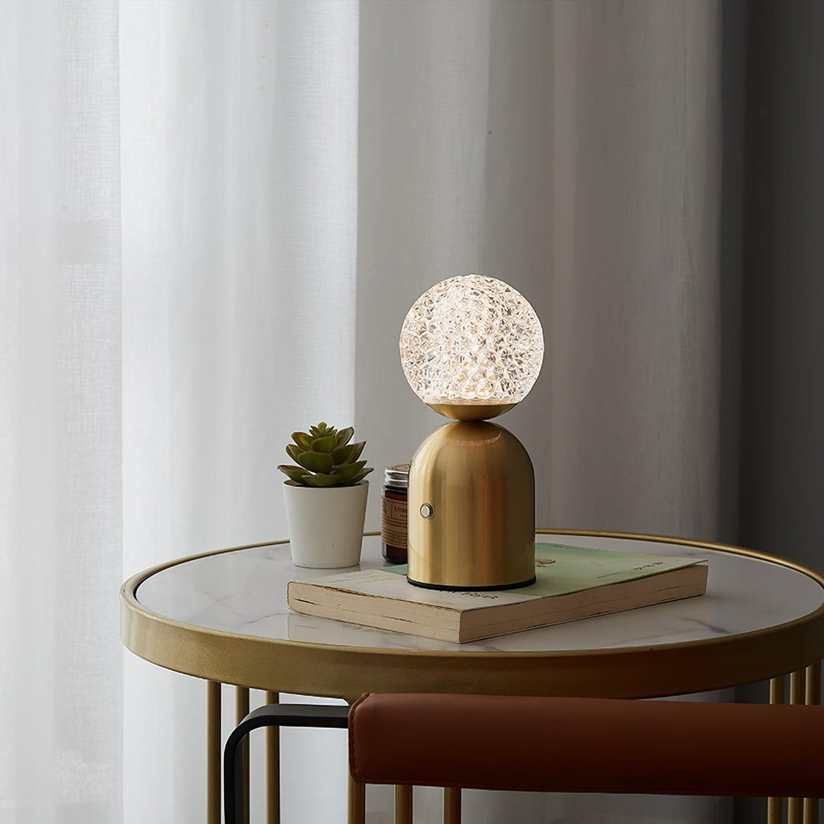 Atlas Portable Brass LED Table Lamp with Diamond-Cut Acrylic Shade