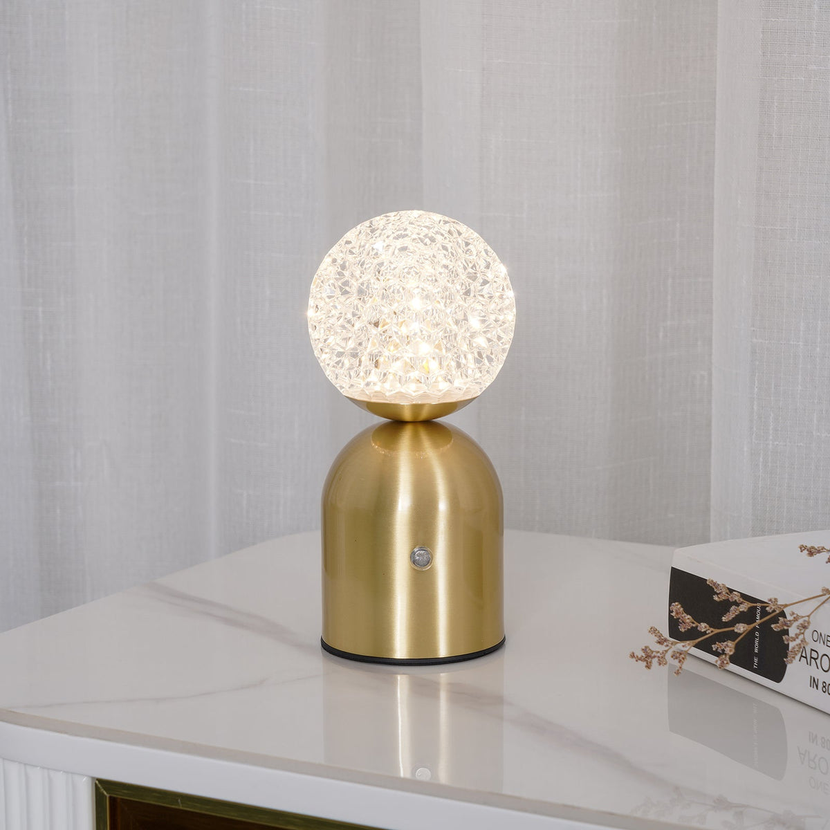 Atlas Portable Brass LED Table Lamp with Diamond-Cut Acrylic Shade