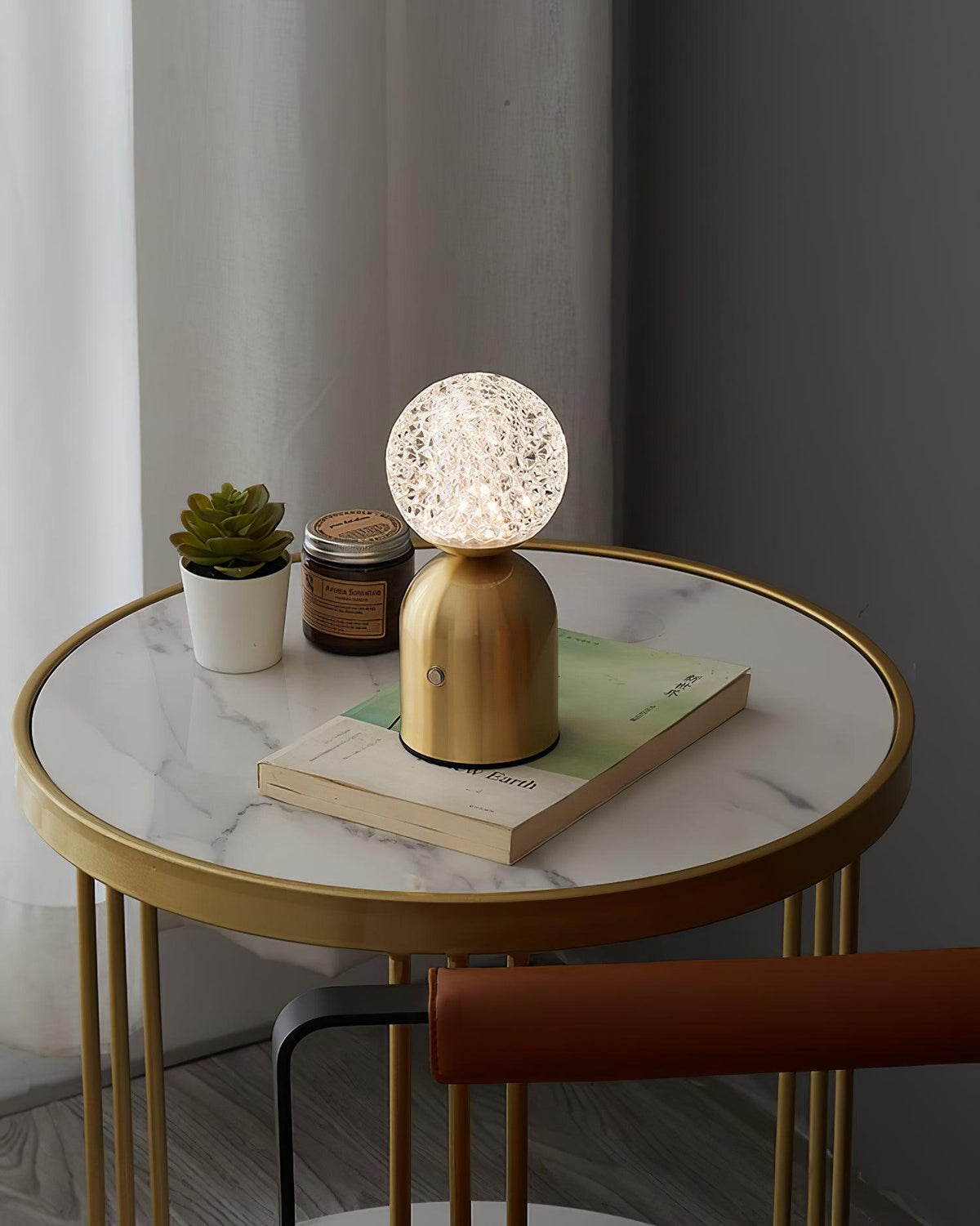 Atlas Portable Brass LED Table Lamp with Diamond-Cut Acrylic Shade