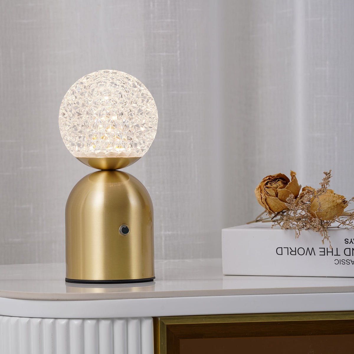 Atlas Portable Brass LED Table Lamp with Diamond-Cut Acrylic Shade