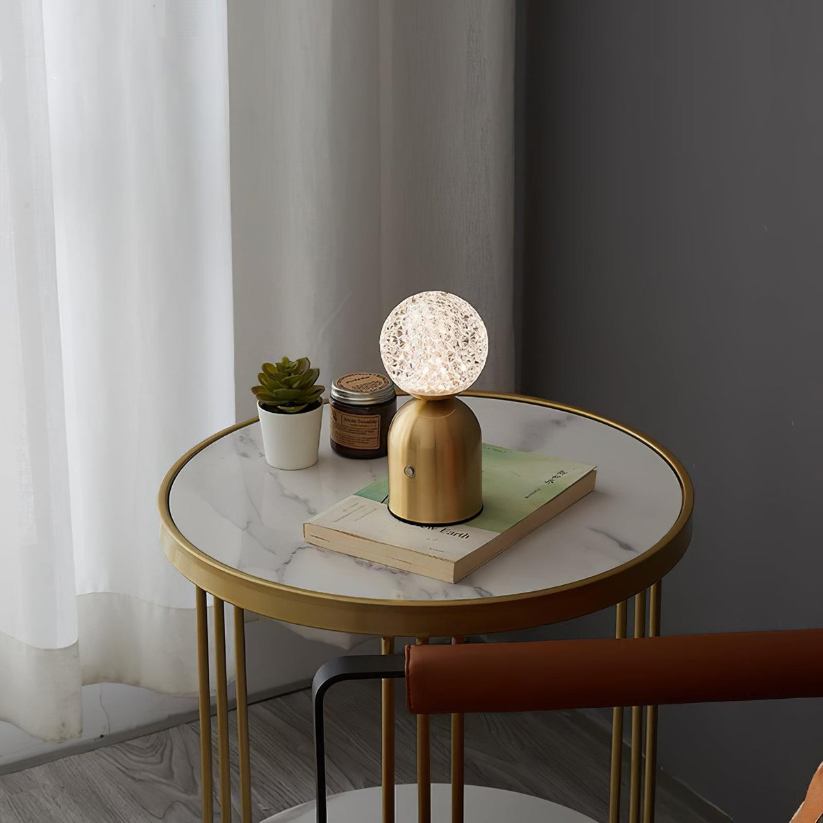 Atlas Portable Brass LED Table Lamp with Diamond-Cut Acrylic Shade