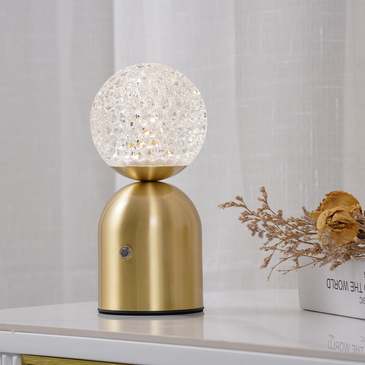 Atlas Portable Brass LED Table Lamp with Diamond-Cut Acrylic Shade