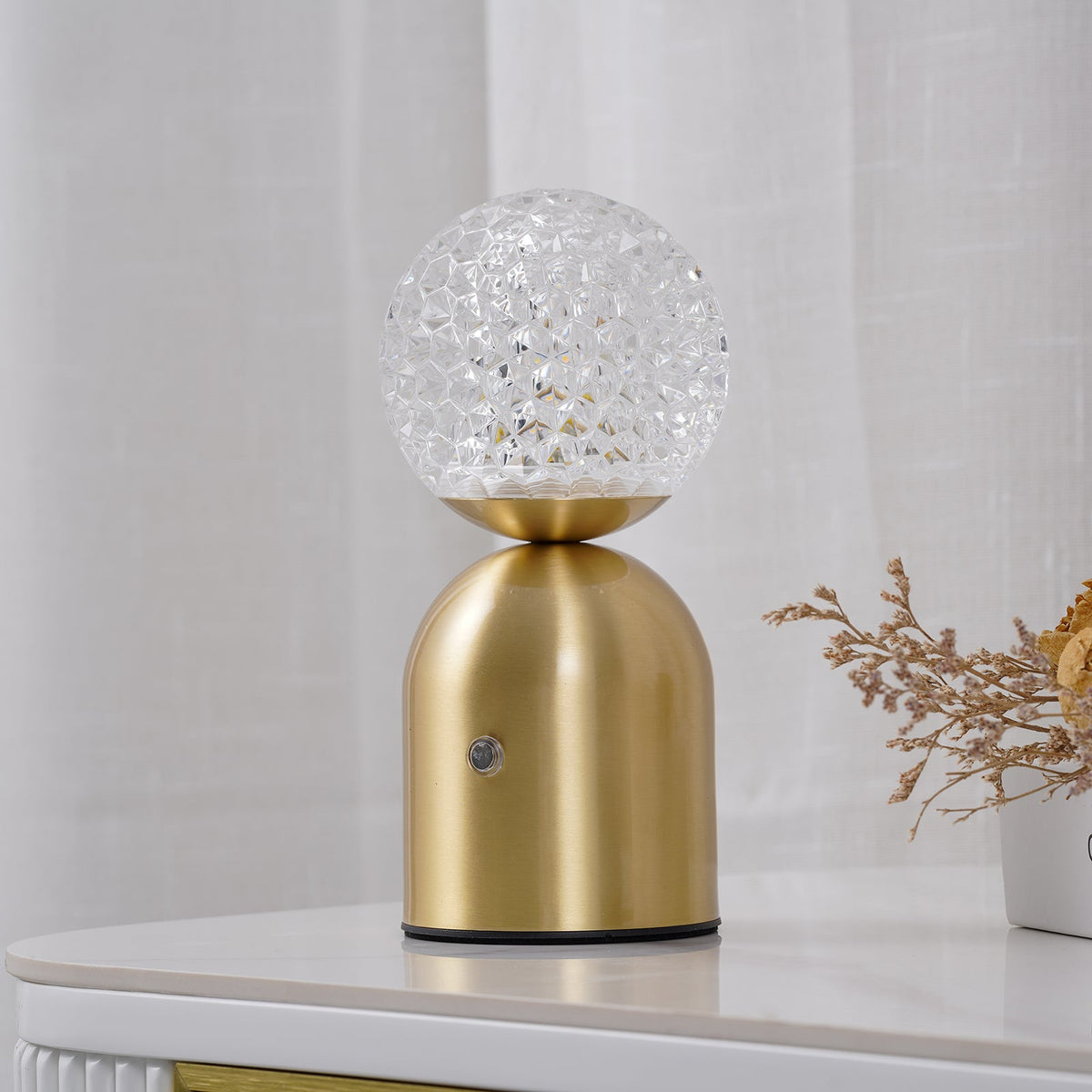 Atlas Portable Brass LED Table Lamp with Diamond-Cut Acrylic Shade