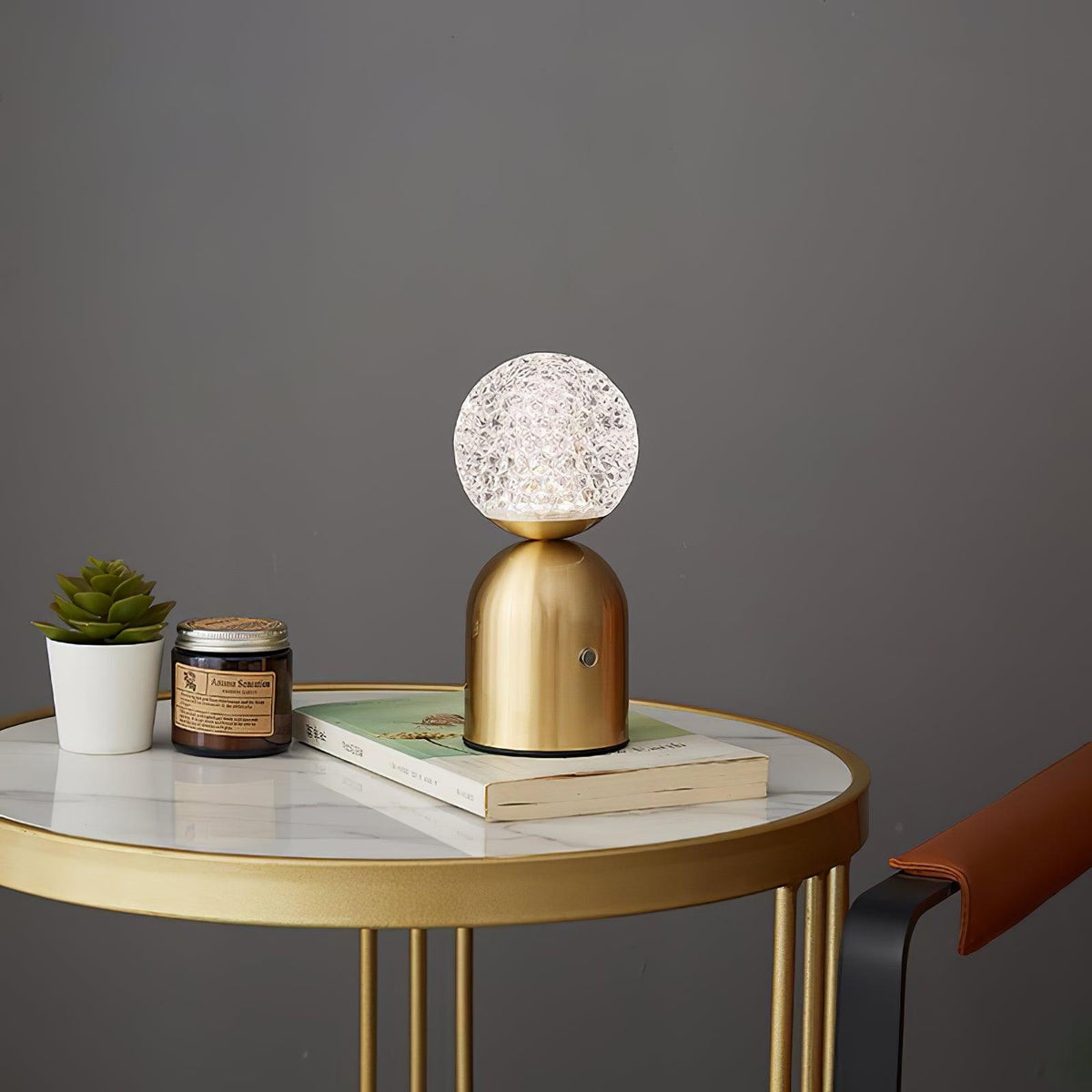 Atlas Portable Brass LED Table Lamp with Diamond-Cut Acrylic Shade