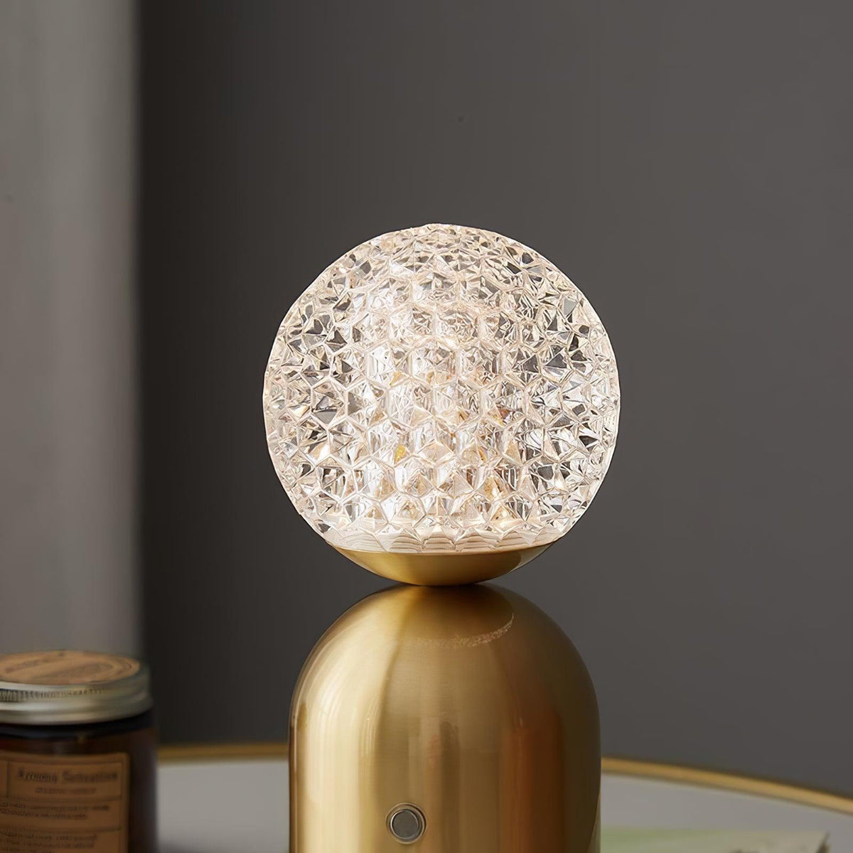 Atlas Portable Brass LED Table Lamp with Diamond-Cut Acrylic Shade