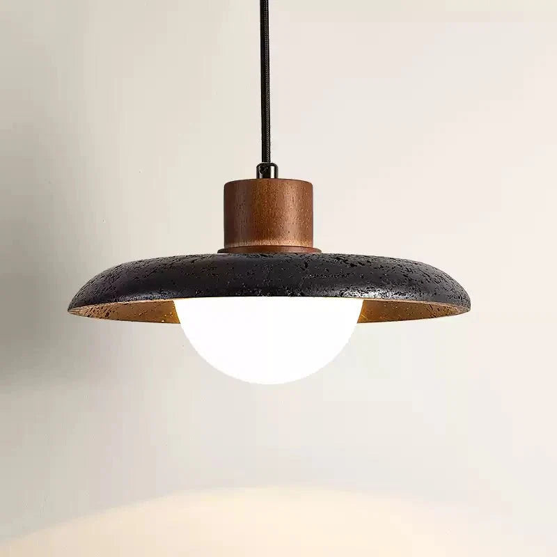 Atria Stone Dome Pendant Light in Black Travertine and Walnut