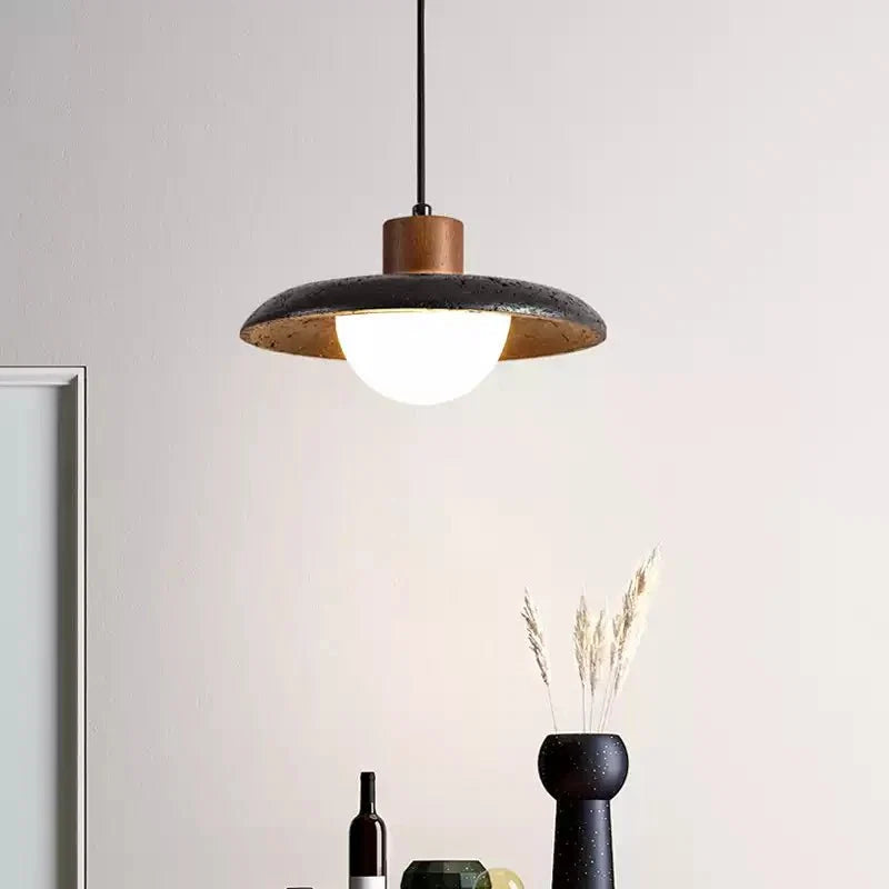 Atria Stone Dome Pendant Light in Black Travertine and Walnut