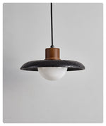 Atria Stone Dome Pendant Light in Black Travertine and Walnut