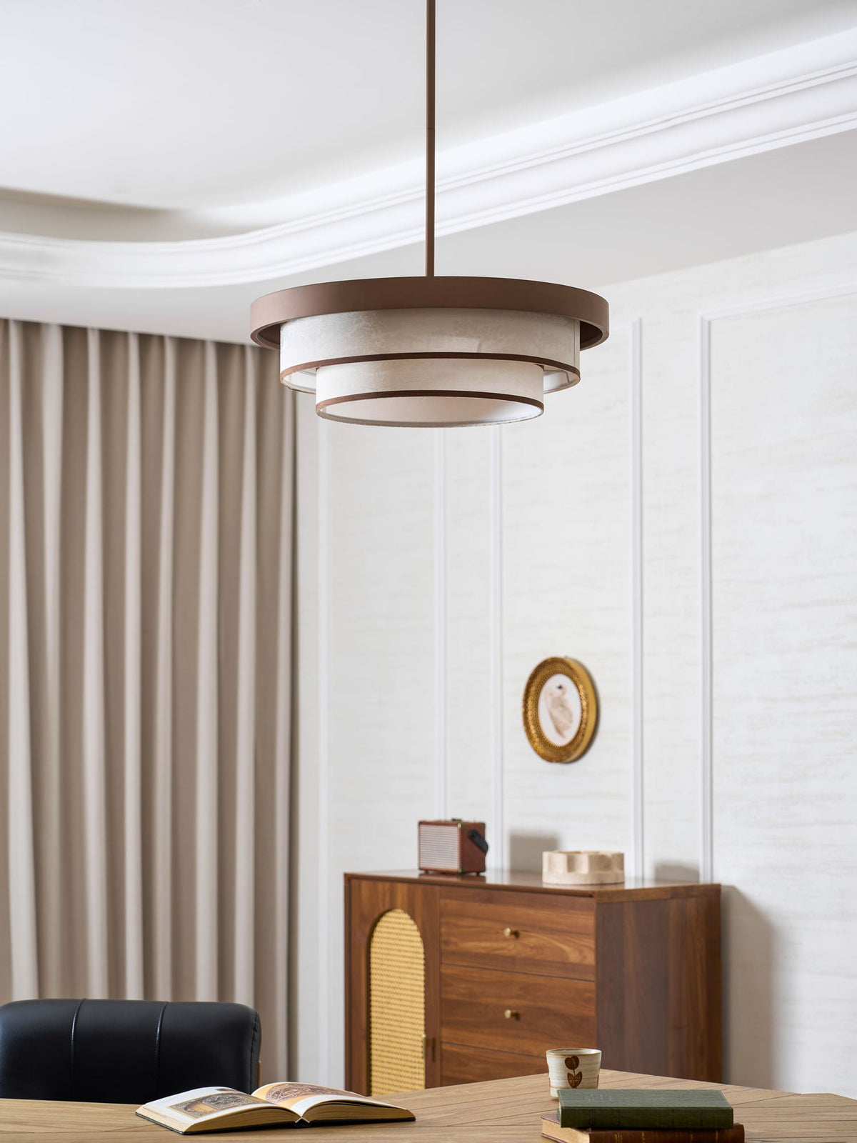 Auralyn Pendant Light – Sculptural Fabric Shade with Bronze Accents