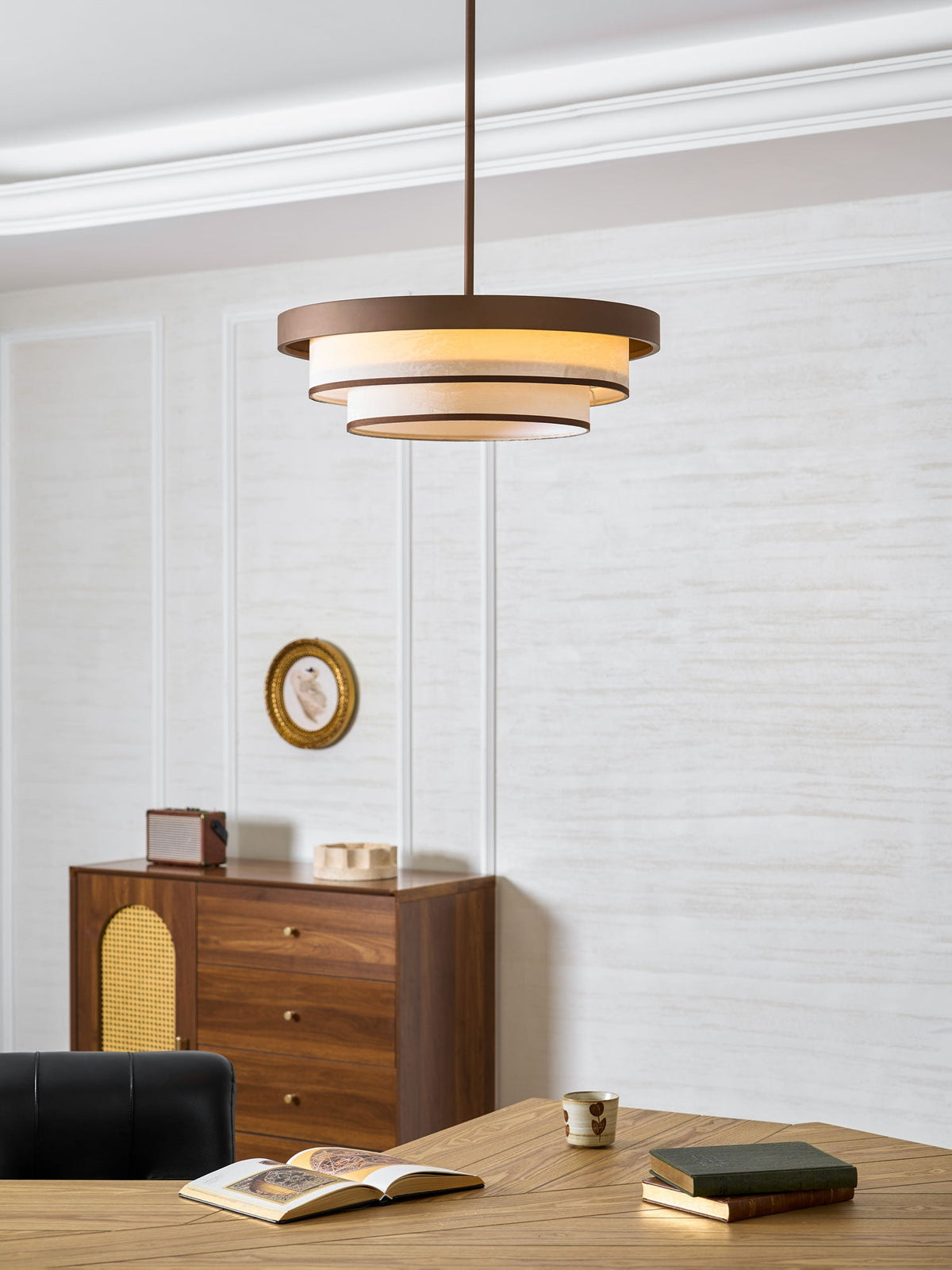 Auralyn Pendant Light – Sculptural Fabric Shade with Bronze Accents