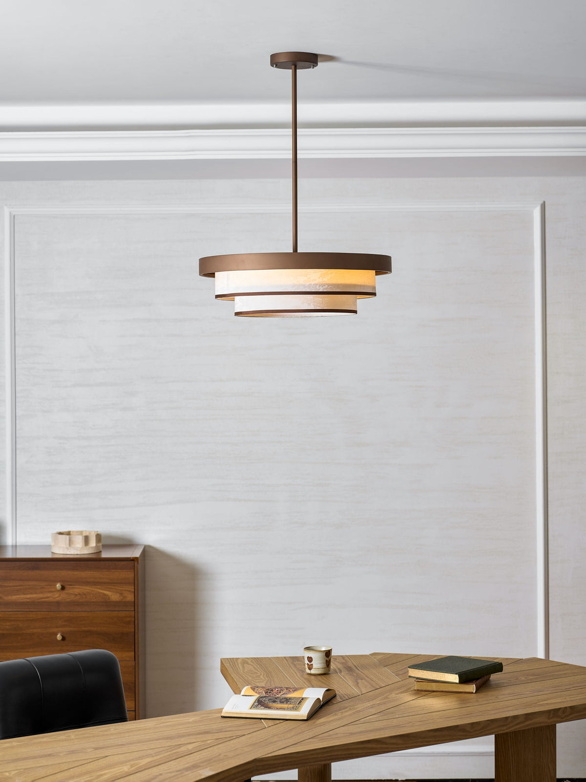 Auralyn Pendant Light – Sculptural Fabric Shade with Bronze Accents
