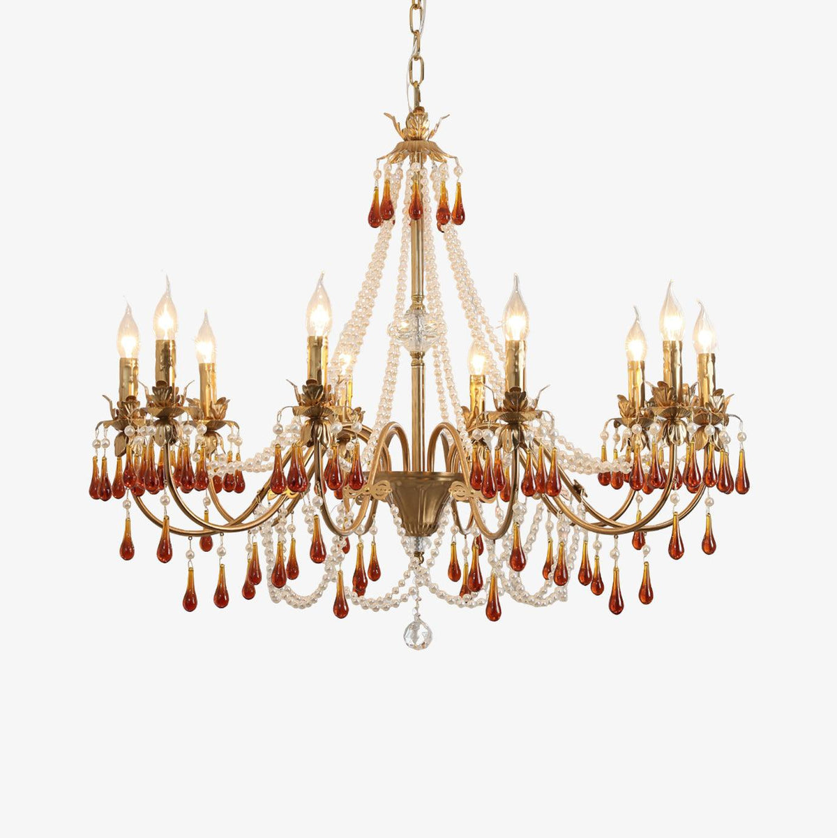 Aureate Amber Crystal Chandelier – Gold Brass Pendant Light for Dining Room