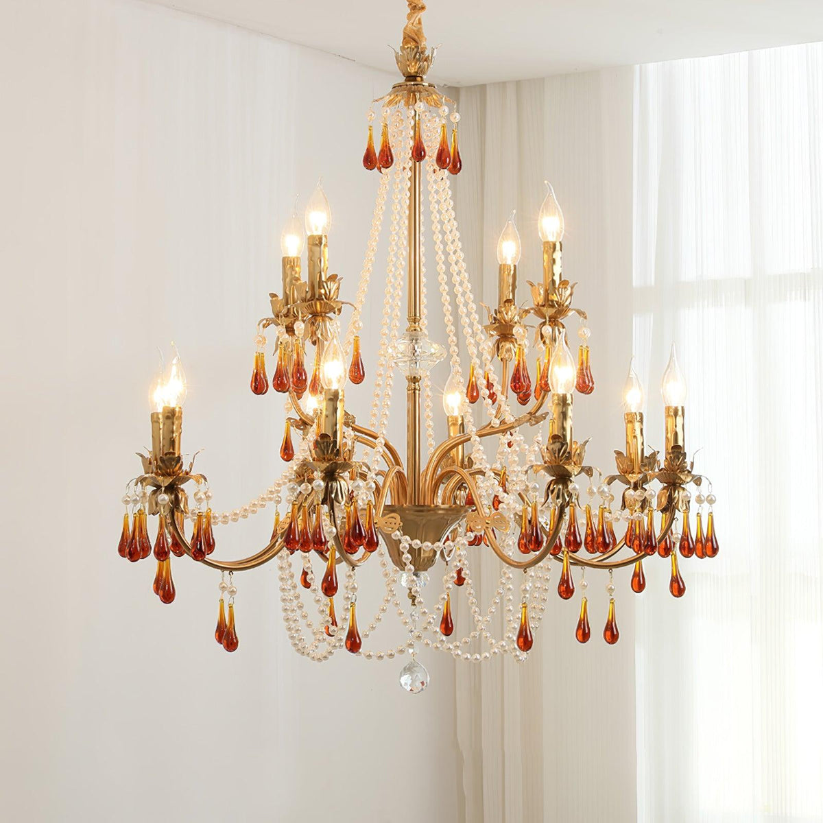 Aureate Amber Crystal Chandelier – Gold Brass Pendant Light for Dining Room