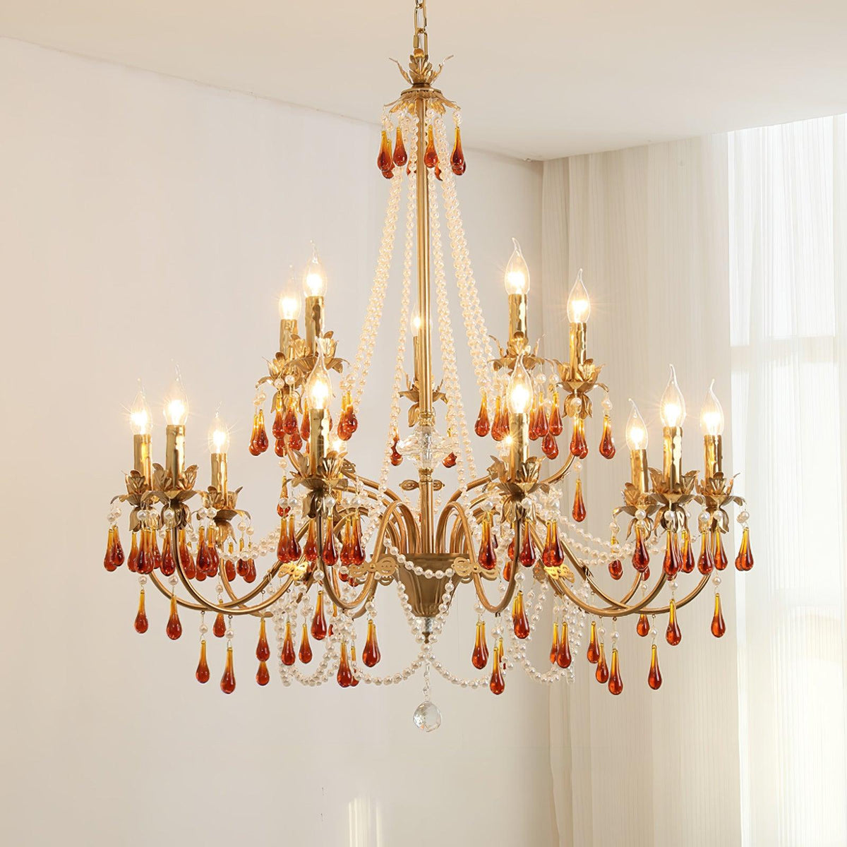 Aureate Amber Crystal Chandelier – Gold Brass Pendant Light for Dining Room