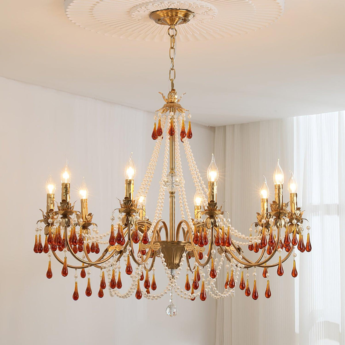 Aureate Amber Crystal Chandelier – Gold Brass Pendant Light for Dining Room