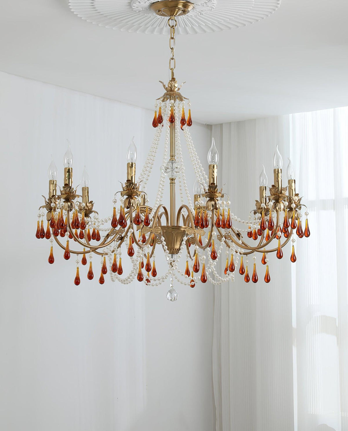 Aureate Amber Crystal Chandelier – Gold Brass Pendant Light for Dining Room