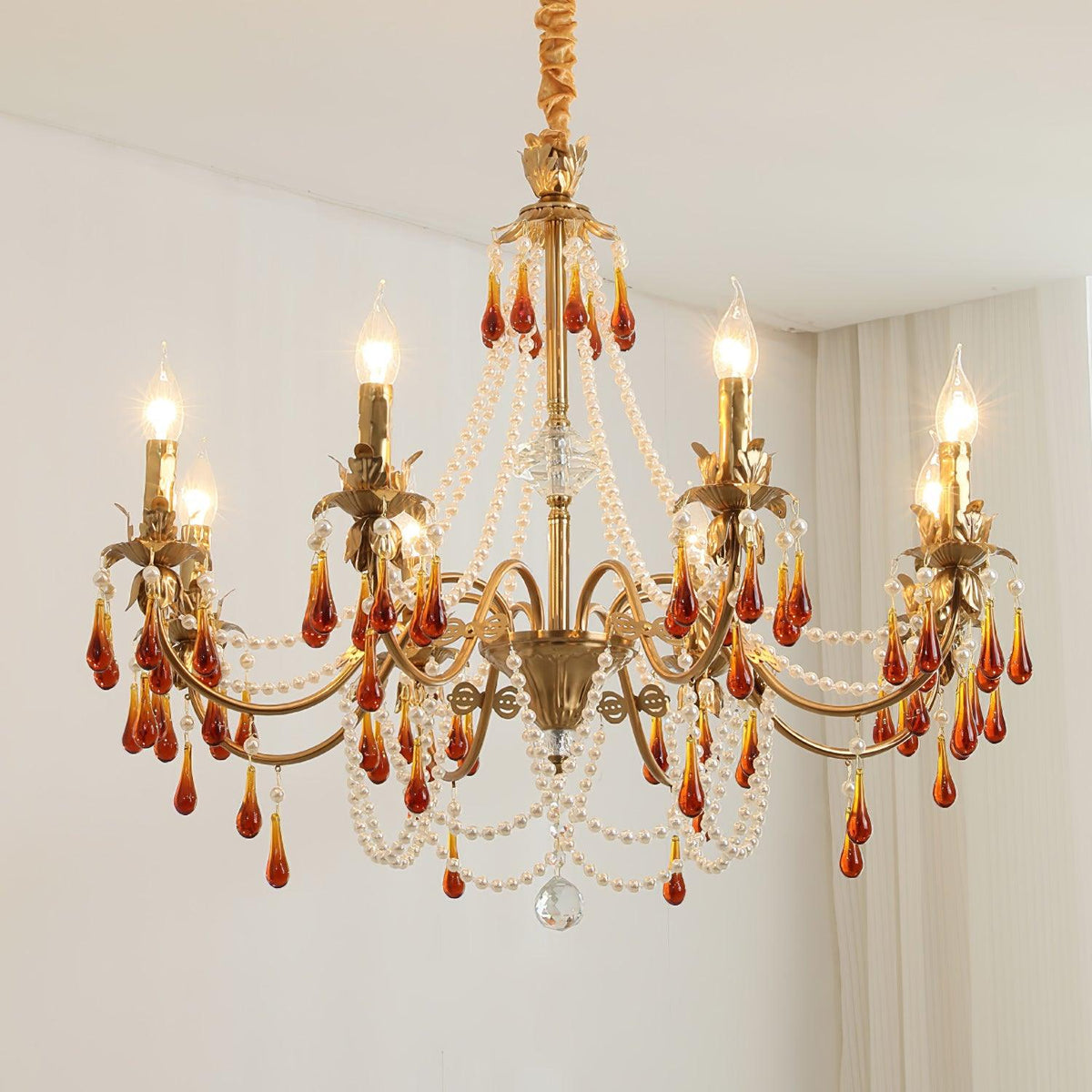 Aureate Amber Crystal Chandelier – Gold Brass Pendant Light for Dining Room