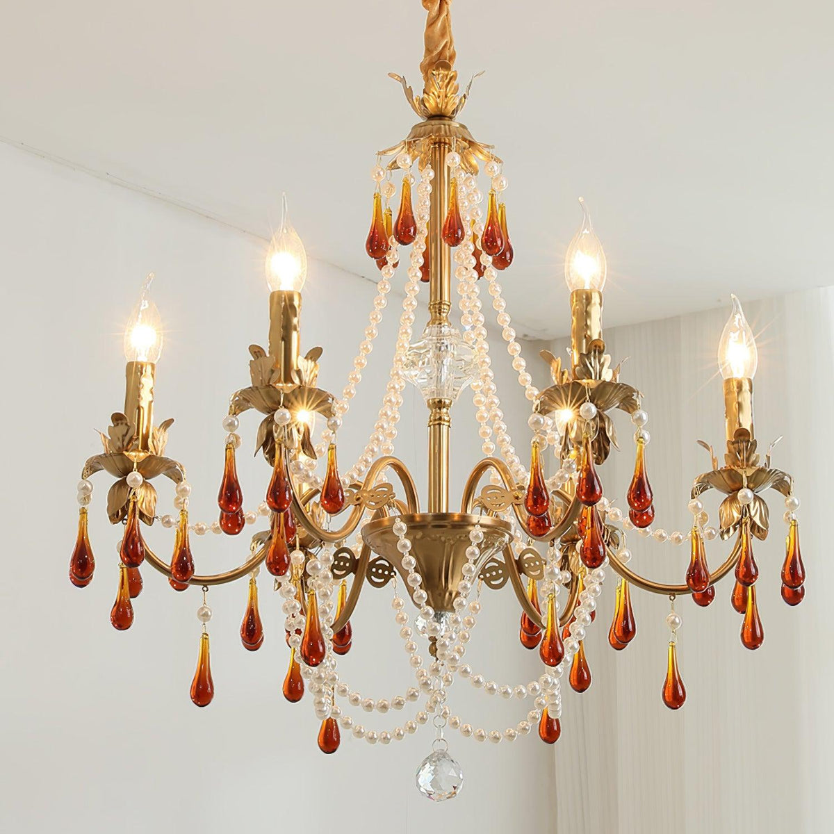 Aureate Amber Crystal Chandelier – Gold Brass Pendant Light for Dining Room