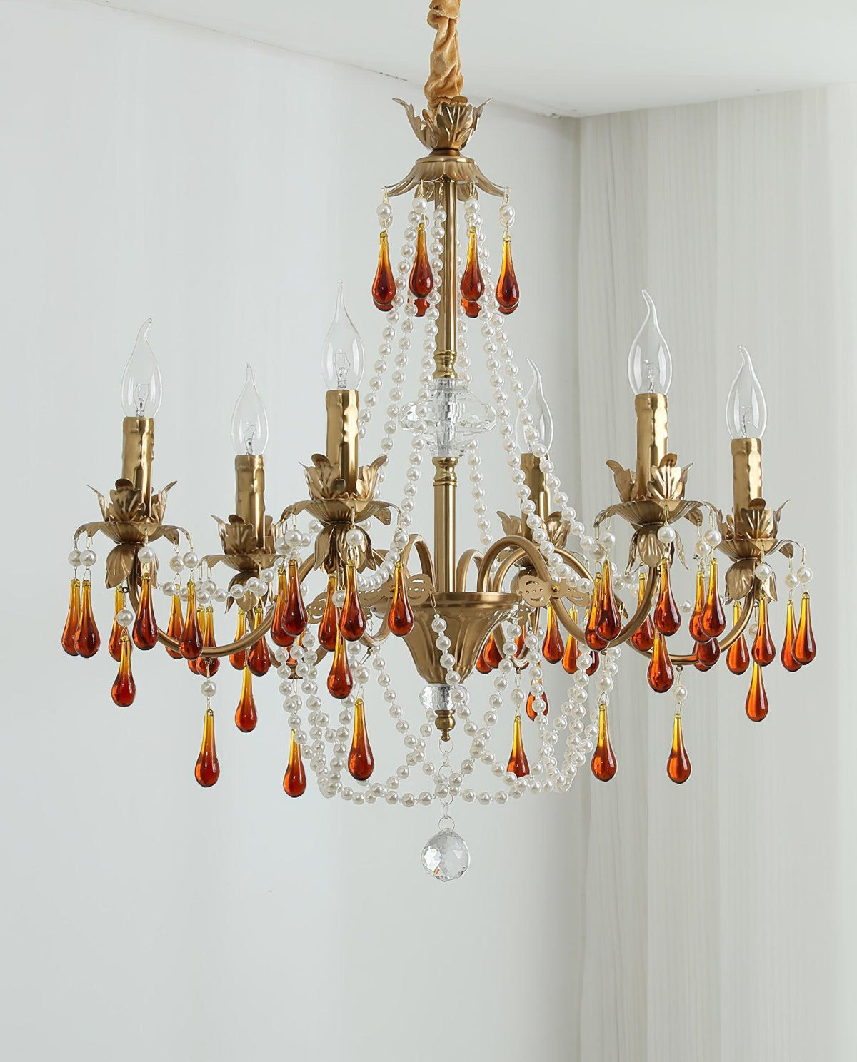 Aureate Amber Crystal Chandelier – Gold Brass Pendant Light for Dining Room