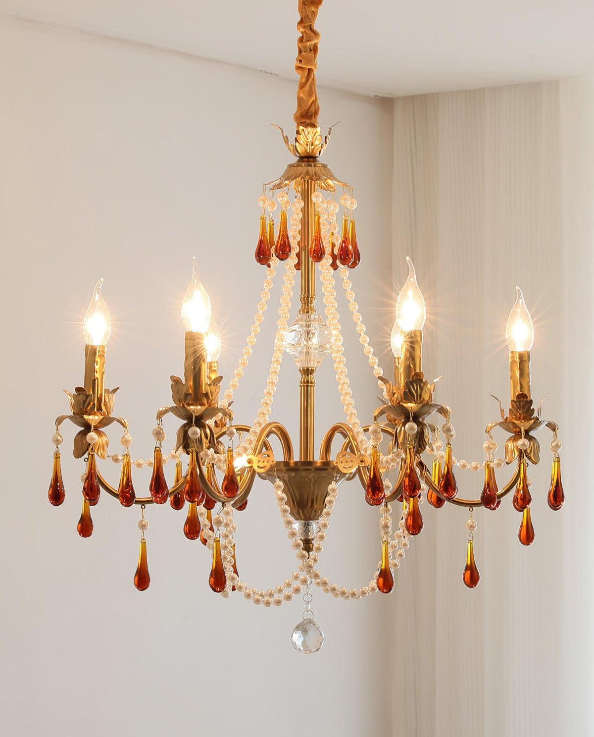 Aureate Amber Crystal Chandelier – Gold Brass Pendant Light for Dining Room