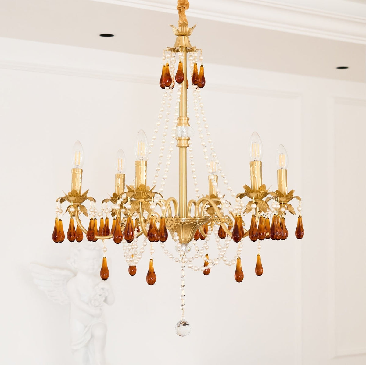 Aureate Amber Crystal Chandelier – Gold Brass Pendant Light for Dining Room