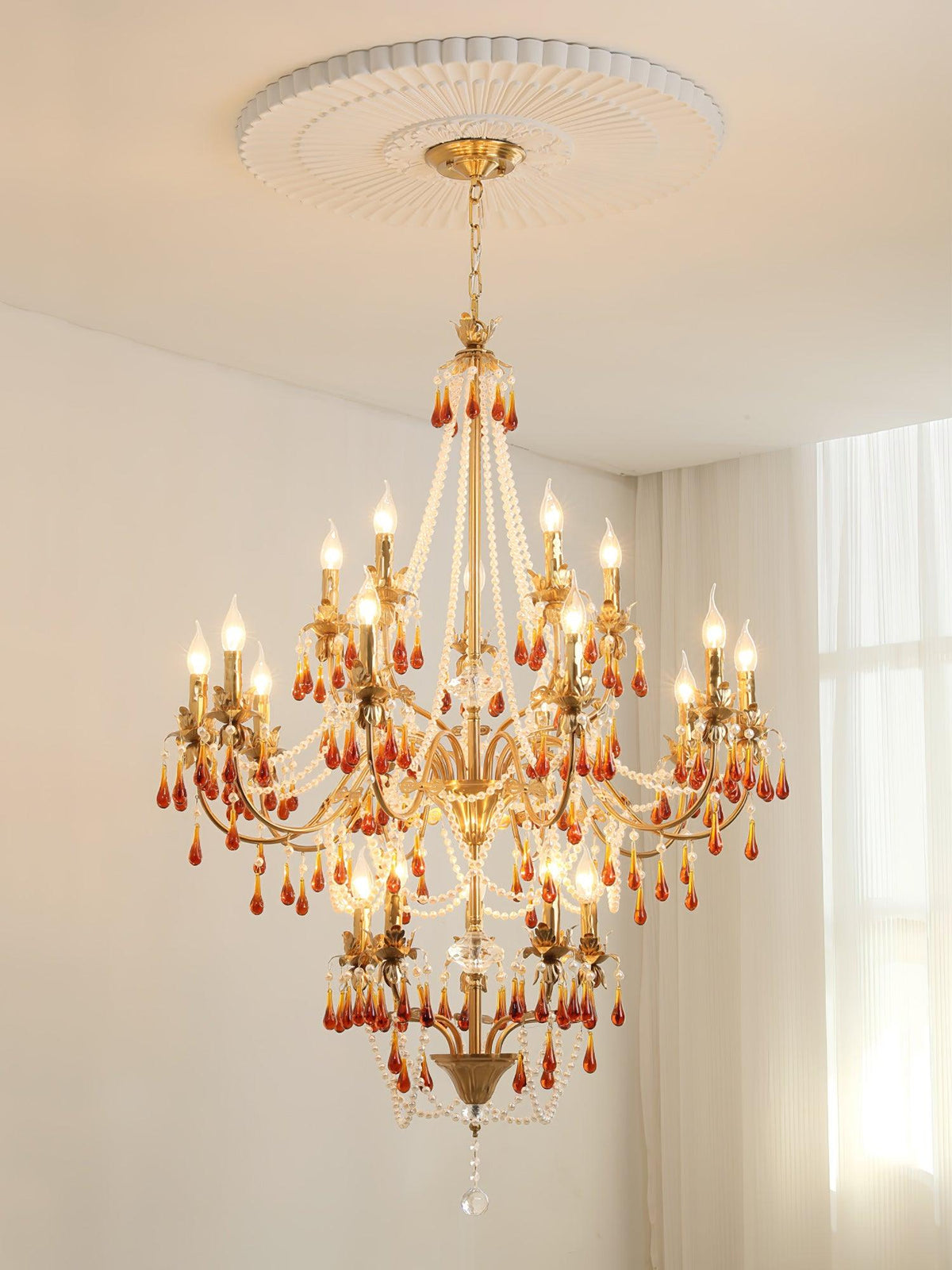 Aureate Amber Crystal Chandelier – Gold Brass Pendant Light for Dining Room