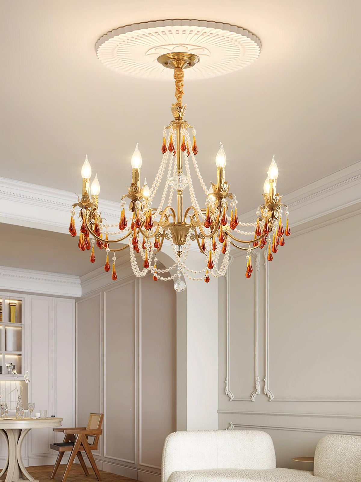 Aureate Amber Crystal Chandelier – Gold Brass Pendant Light for Dining Room