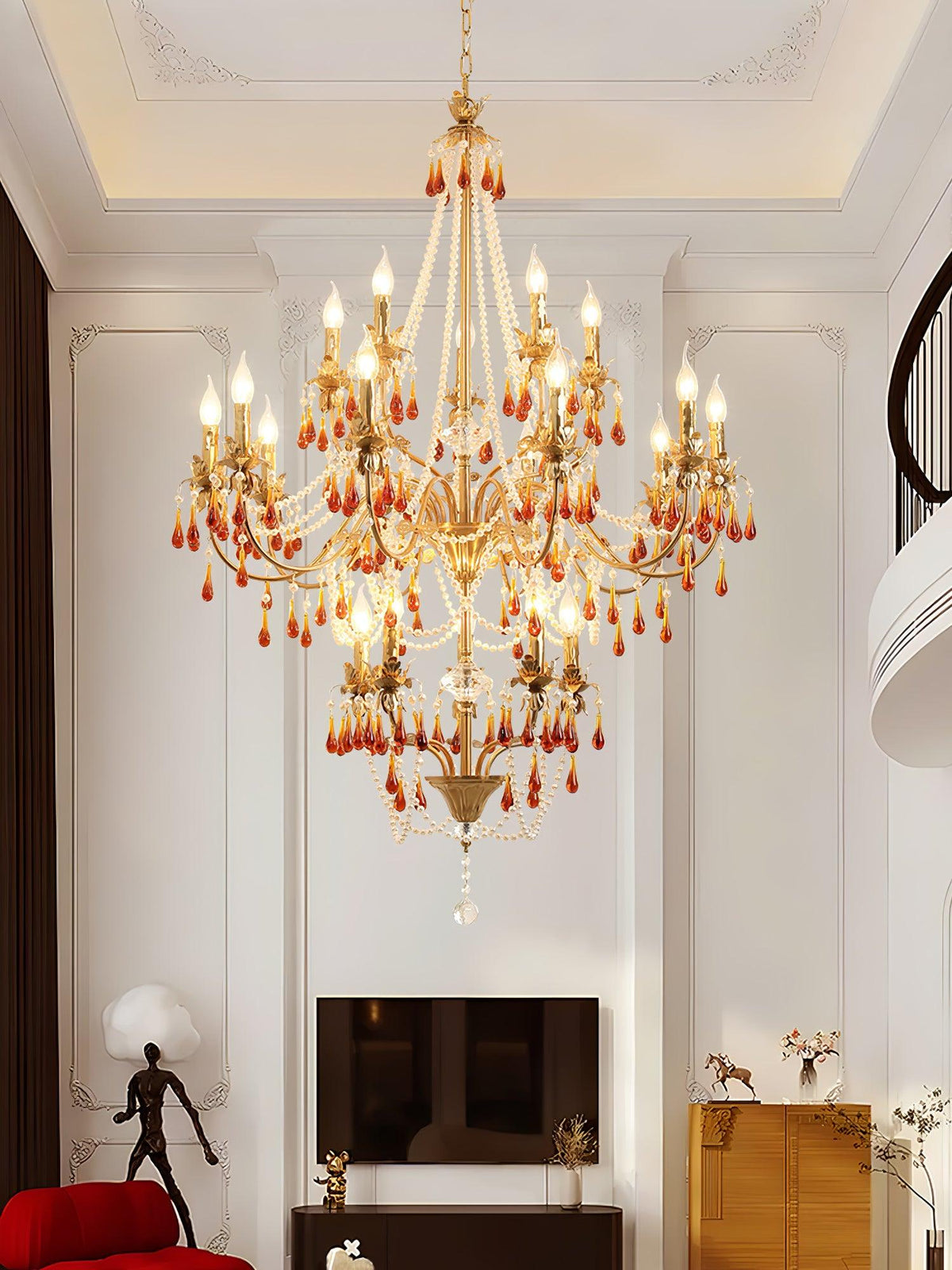 Aureate Amber Crystal Chandelier – Gold Brass Pendant Light for Dining Room