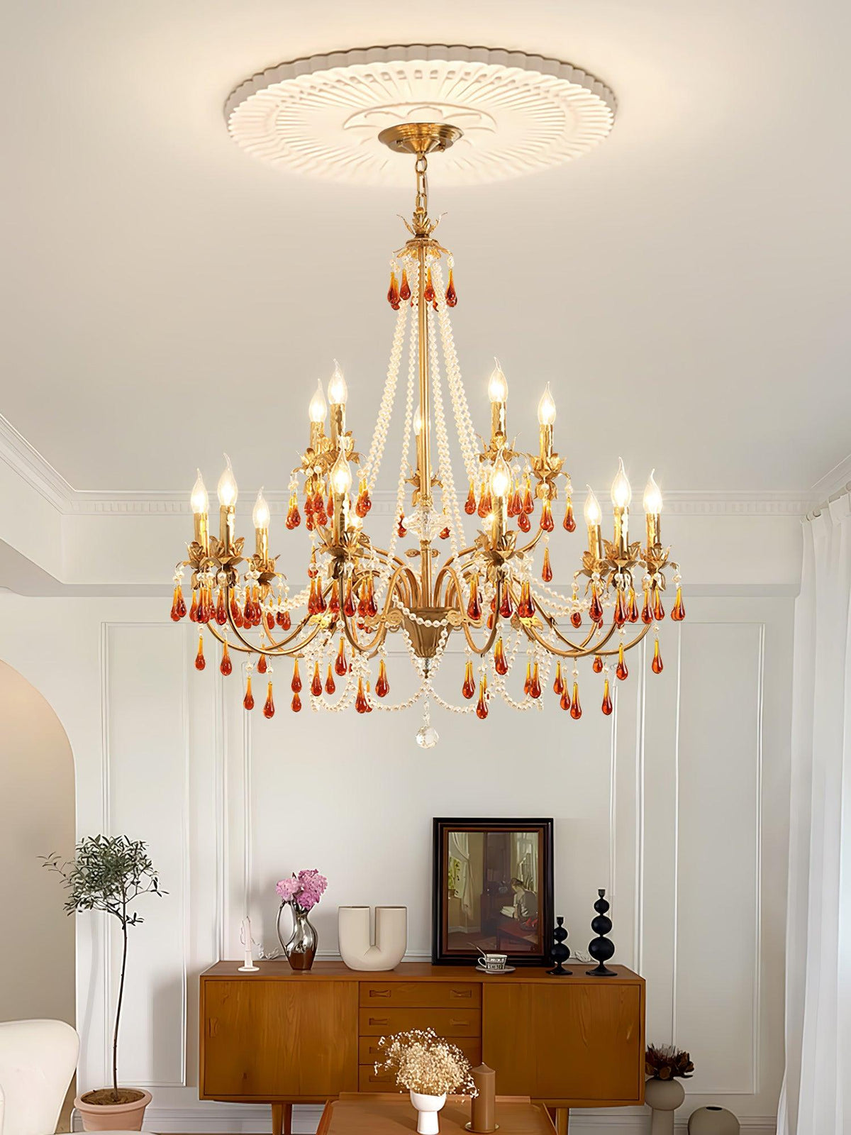 Aureate Amber Crystal Chandelier – Gold Brass Pendant Light for Dining Room
