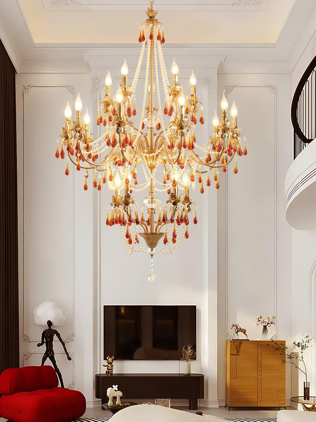 Aureate Amber Crystal Chandelier – Gold Brass Pendant Light for Dining Room
