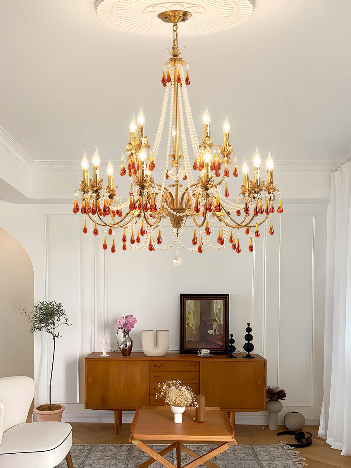 Aureate Amber Crystal Chandelier – Gold Brass Pendant Light for Dining Room