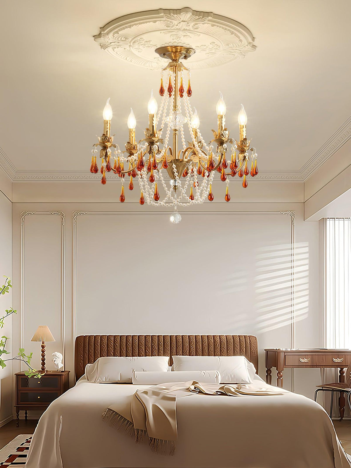 Aureate Amber Crystal Chandelier – Gold Brass Pendant Light for Dining Room