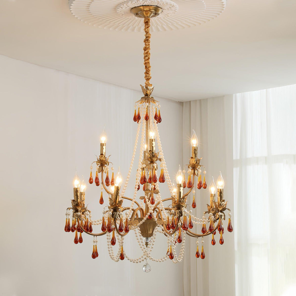Aureate Amber Crystal Chandelier – Gold Brass Pendant Light for Dining Room