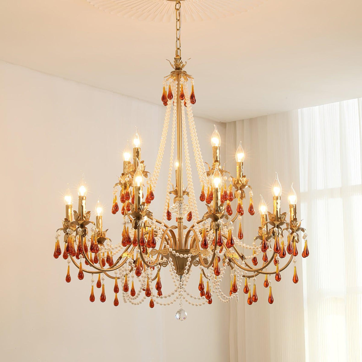 Aureate Amber Crystal Chandelier – Gold Brass Pendant Light for Dining Room