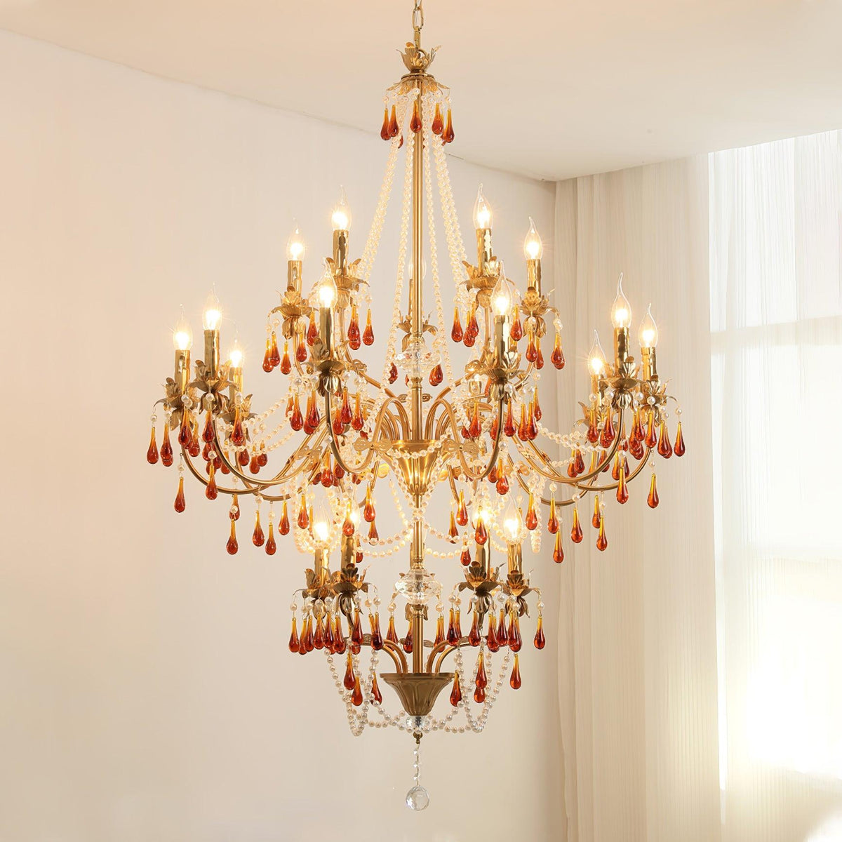 Aureate Amber Crystal Chandelier – Gold Brass Pendant Light for Dining Room